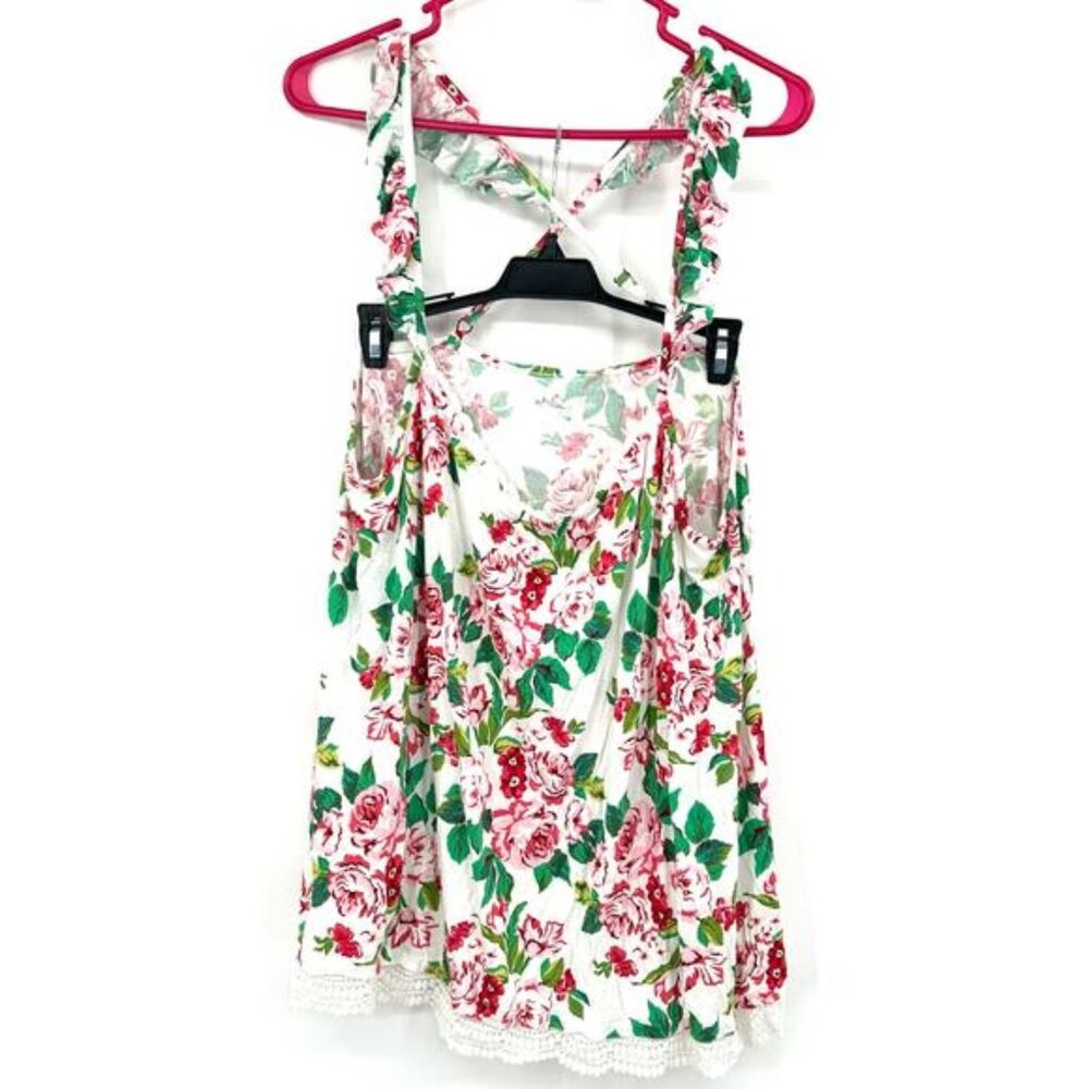 Matilda‎ Jane Size XXL Tank Top Criss Cross Back White Pink Floral Print Crochet